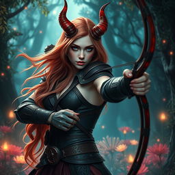 A mystic, fiery, and seductive female tiefling ranger with enchanting light red skin and striking splitting horns