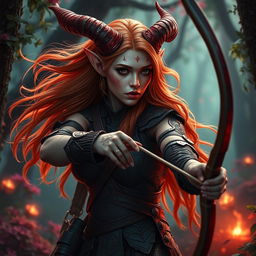 A mystic, fiery, and seductive female tiefling ranger with enchanting light red skin and striking splitting horns
