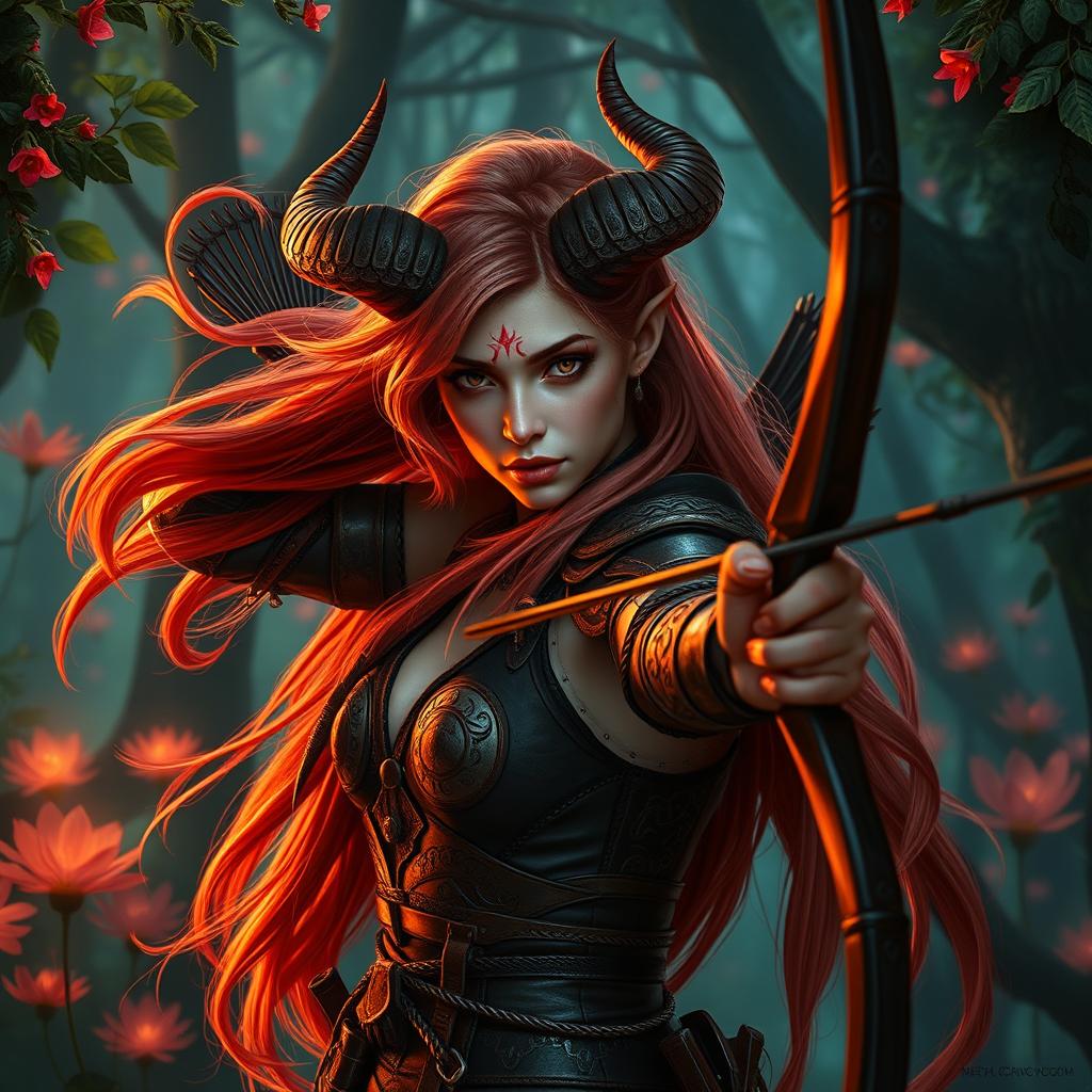 A mystic, fiery, and seductive female tiefling ranger with enchanting light red skin and striking splitting horns