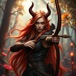 A mystic, fiery, and seductive female tiefling ranger with enchanting light red skin and striking splitting horns