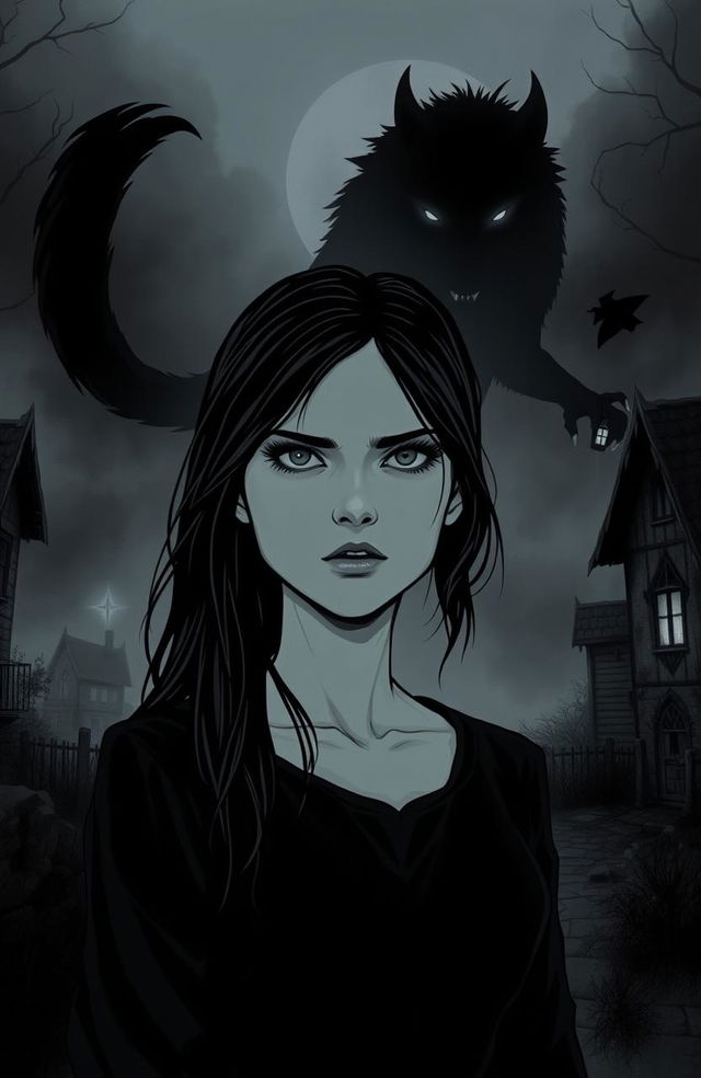 A haunting black-and-white illustrated cover depicting a young woman with a haunted expression, standing in the misty, isolated village of Korvath