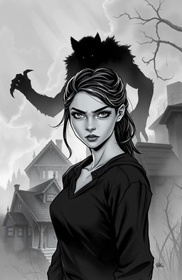 A haunting black-and-white illustrated cover depicting a young woman with a haunted expression, standing in the misty, isolated village of Korvath