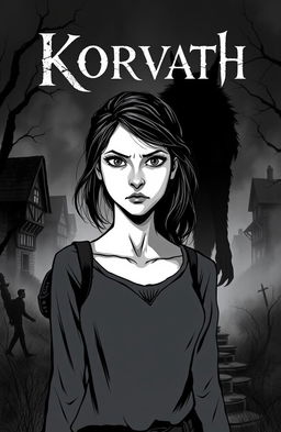 A haunting black-and-white illustrated cover depicting a young woman with a haunted expression, standing in the misty, isolated village of Korvath