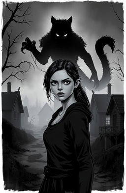 A haunting black-and-white illustrated cover depicting a young woman with a haunted expression, standing in the misty, isolated village of Korvath