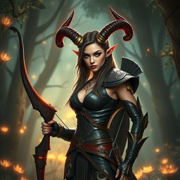 A mystic, fiery, and seductive female tiefling ranger with striking splitting horns