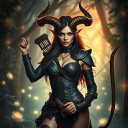 A mystic, fiery, and seductive female tiefling ranger with striking splitting horns