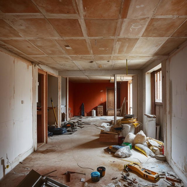 A house in the middle of a massive renovation, with construction material and tools lying around, yet still keeping its charm.