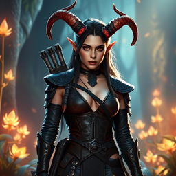A mystic, fiery, and seductive female tiefling ranger with striking splitting horns