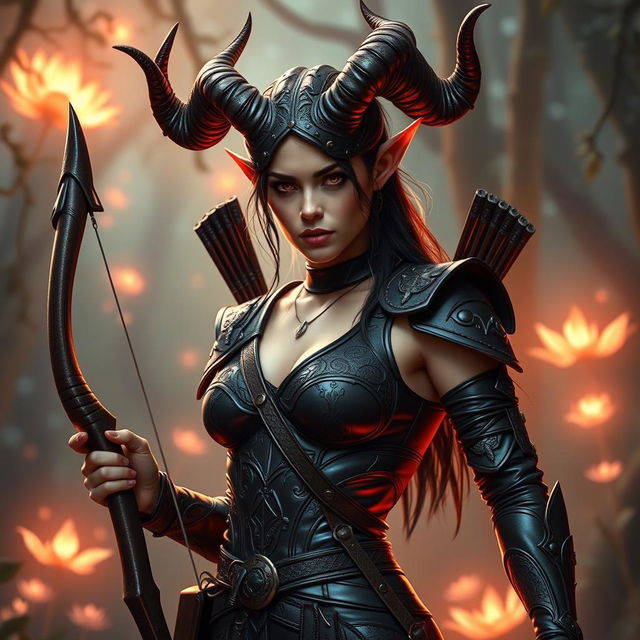 A mystic, fiery, and seductive female tiefling ranger with striking splitting horns