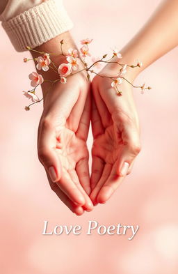 A romantic book cover design featuring two delicate hands, one male and one female, reaching towards each other but with a tender gap between them, symbolizing connection and yearning