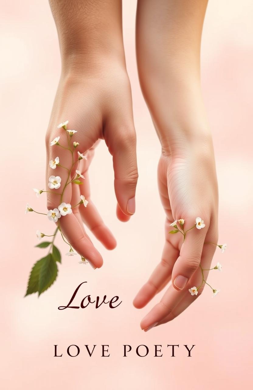 A romantic book cover design featuring two delicate hands, one male and one female, reaching towards each other but with a tender gap between them, symbolizing connection and yearning