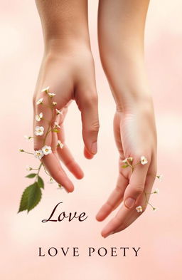 A romantic book cover design featuring two delicate hands, one male and one female, reaching towards each other but with a tender gap between them, symbolizing connection and yearning