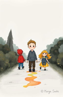 An illustrated children's book cover depicting a sad 5-year-old boy walking down a path surrounded by nature