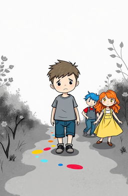 An illustrated children's book cover depicting a sad 5-year-old boy walking down a path surrounded by nature