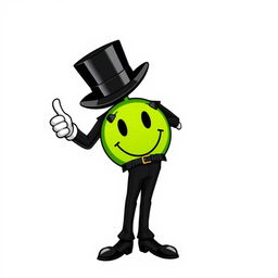 A character dressed in a sleek black suit with a top hat, giving a thumbs-up gesture