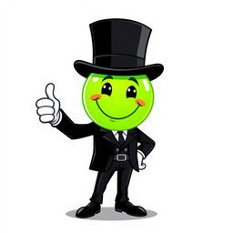 A character dressed in a sleek black suit with a top hat, giving a thumbs-up gesture