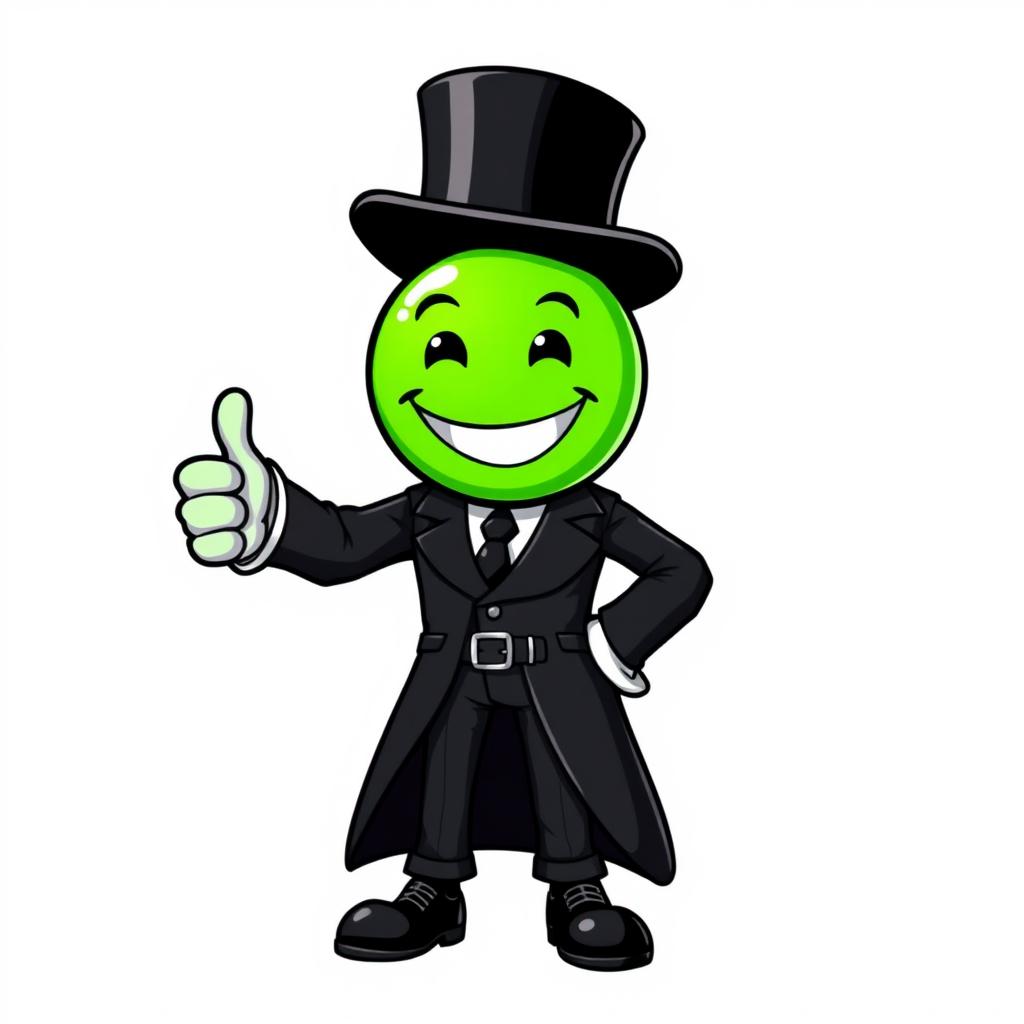 A character dressed in a sleek black suit with a top hat, giving a thumbs-up gesture