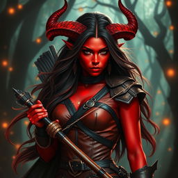 A mystic, fiery, and seductive female tiefling ranger with vibrant red skin and majestic splitting horns