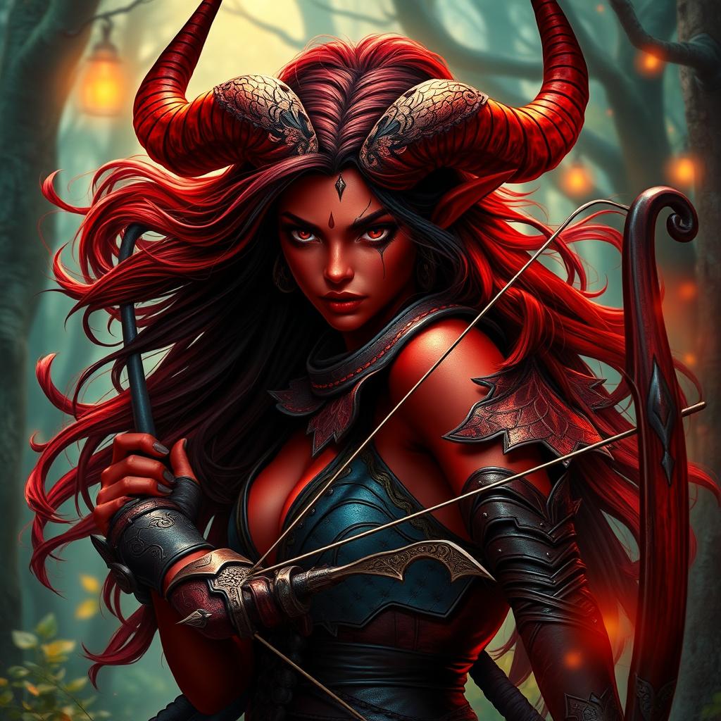 A mystic, fiery, and seductive female tiefling ranger with vibrant red skin and majestic splitting horns