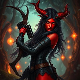 A mystic, fiery, and seductive female tiefling ranger with vibrant red skin and majestic splitting horns