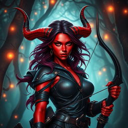 A mystic, fiery, and seductive female tiefling ranger with vibrant red skin and majestic splitting horns