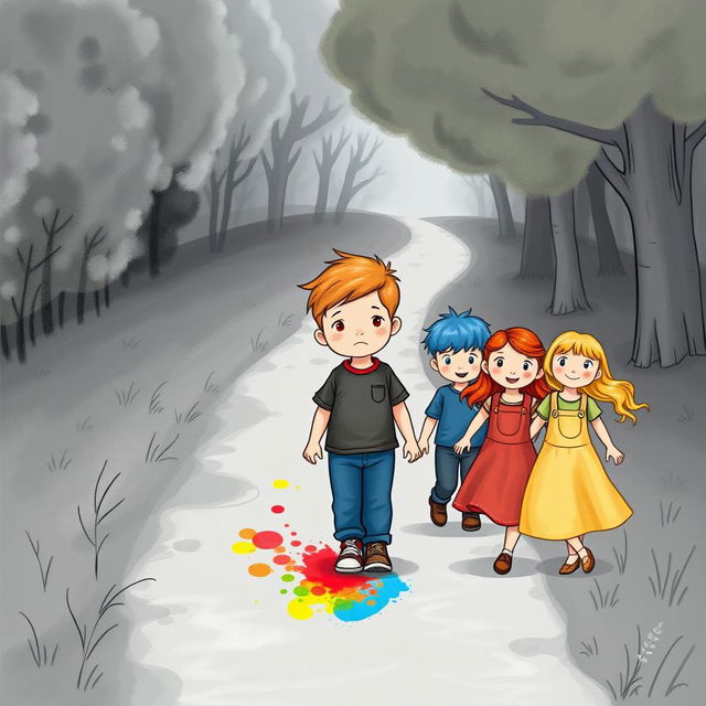 An illustrated children's book cover featuring a sad 5-year-old boy walking down a nature path surrounded by gray scenery