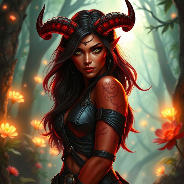 A mystic, fiery, and seductive female tiefling ranger with vibrant red skin and striking splitting horns