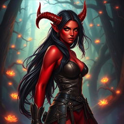 A mystic, fiery, and seductive female tiefling ranger with vibrant red skin and striking splitting horns