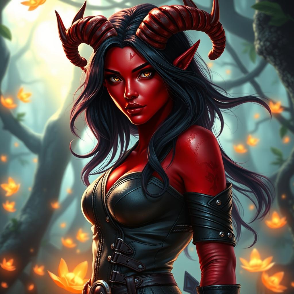 A mystic, fiery, and seductive female tiefling ranger with vibrant red skin and striking splitting horns