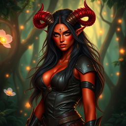 A mystic, fiery, and seductive female tiefling ranger with vibrant red skin and striking splitting horns