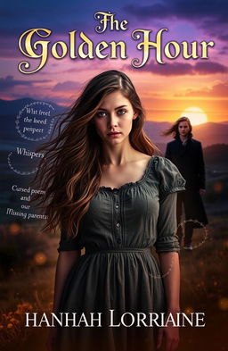 A captivating novel cover for 'The Golden Hour', featuring a mysterious and enchanting atmosphere