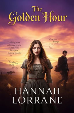 A captivating novel cover for 'The Golden Hour', featuring a mysterious and enchanting atmosphere