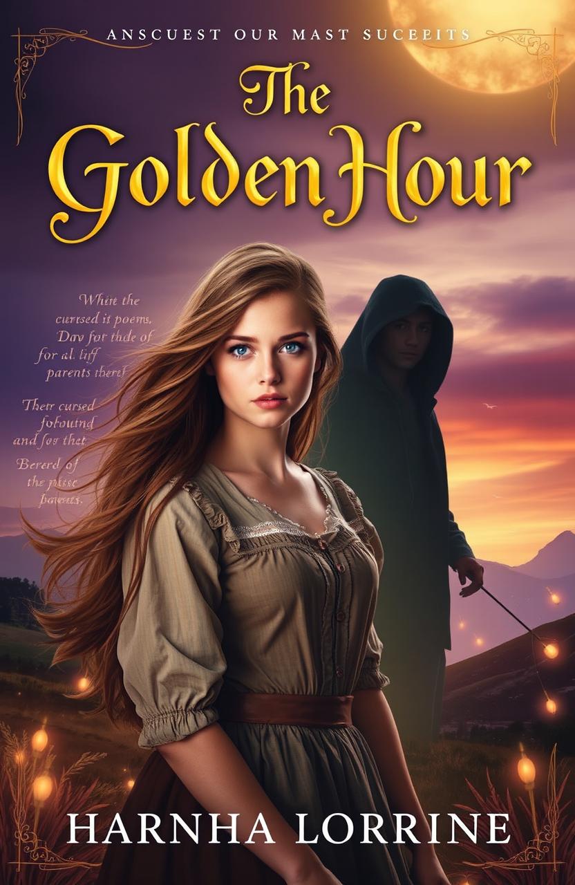 A captivating novel cover for 'The Golden Hour', featuring a mysterious and enchanting atmosphere