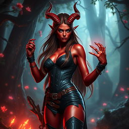 An epic, fiery, and seductive female tiefling ranger with vibrant red skin and striking splitting horns
