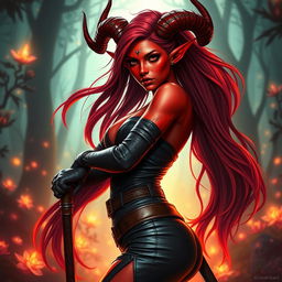 An epic, fiery, and seductive female tiefling ranger with vibrant red skin and striking splitting horns