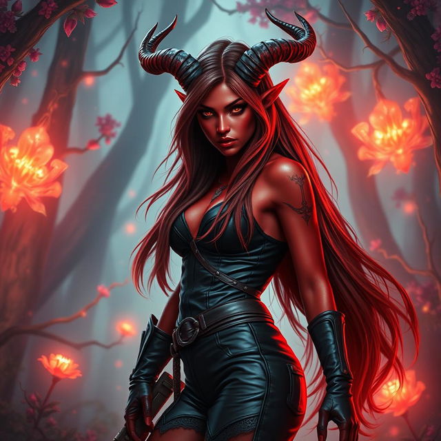 An epic, fiery, and seductive female tiefling ranger with vibrant red skin and striking splitting horns