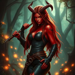 An epic, fiery, and seductive female tiefling ranger with vibrant red skin and striking splitting horns