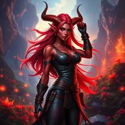 An epic, fiery, and stunning female tiefling ranger with vibrant red skin and striking splitting horns