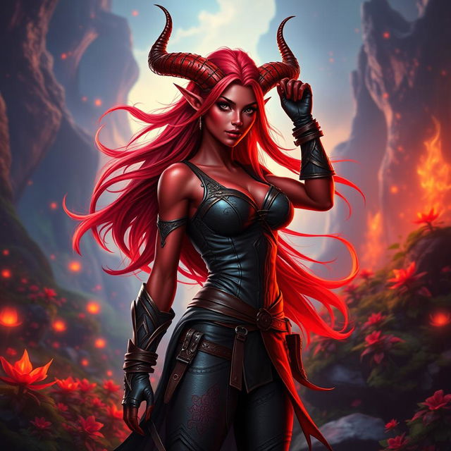 An epic, fiery, and stunning female tiefling ranger with vibrant red skin and striking splitting horns