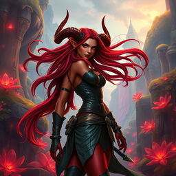 An epic, fiery, and stunning female tiefling ranger with vibrant red skin and striking splitting horns