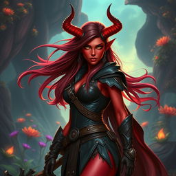 An epic, fiery, and stunning female tiefling ranger with vibrant red skin and striking splitting horns