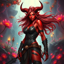 An epic, fiery, and stunning female tiefling ranger with vibrant red skin and striking splitting horns