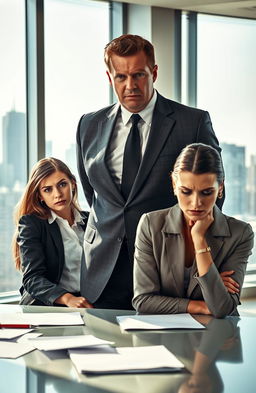 A tense office atmosphere featuring a ruthless, authoritative male boss in a well-tailored suit, standing with a commanding presence