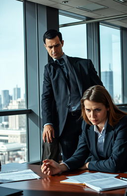 A tense office atmosphere featuring a ruthless, authoritative male boss in a well-tailored suit, standing with a commanding presence