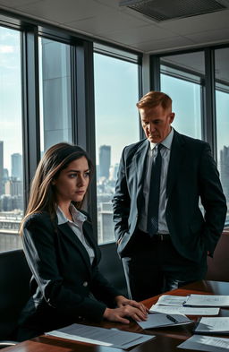 A tense office atmosphere featuring a ruthless, authoritative male boss in a well-tailored suit, standing with a commanding presence