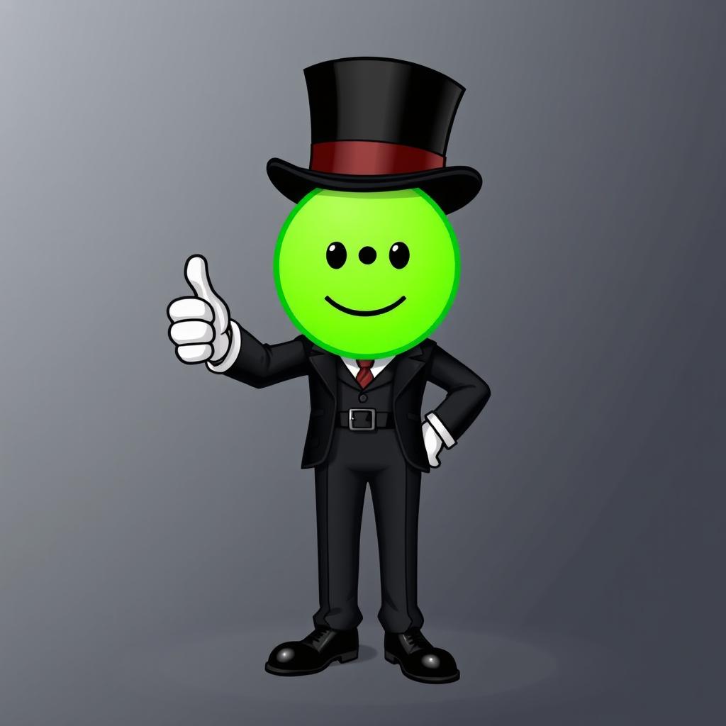 A character dressed in a chic black suit with a top hat, giving a thumbs-up gesture