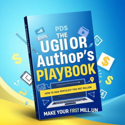 A visually engaging and vibrant book cover for 'The Digital Author's Playbook: How to Make Your First Million', featuring an abstract representation of digital elements like e-books, tablets, and dollar signs