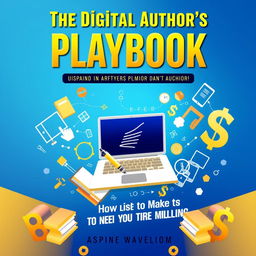 A visually engaging and vibrant book cover for 'The Digital Author's Playbook: How to Make Your First Million', featuring an abstract representation of digital elements like e-books, tablets, and dollar signs