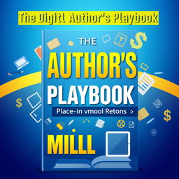 A visually engaging and vibrant book cover for 'The Digital Author's Playbook: How to Make Your First Million', featuring an abstract representation of digital elements like e-books, tablets, and dollar signs