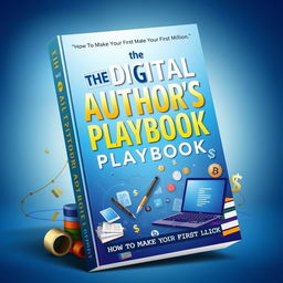 A visually engaging and vibrant book cover for 'The Digital Author's Playbook: How to Make Your First Million', featuring an abstract representation of digital elements like e-books, tablets, and dollar signs